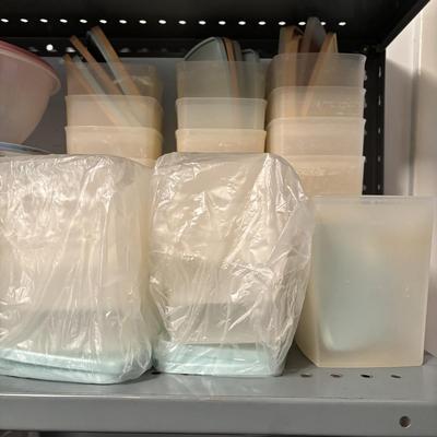 LOT 84: Pantry Shelf Lot: Rubbermaid, Tupperware, Metal Bowls, Stainless Steel Buffet/Serving Trays & More