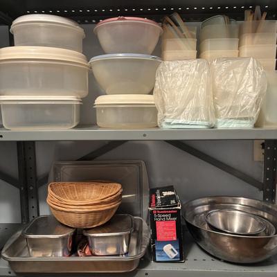 LOT 84: Pantry Shelf Lot: Rubbermaid, Tupperware, Metal Bowls, Stainless Steel Buffet/Serving Trays & More