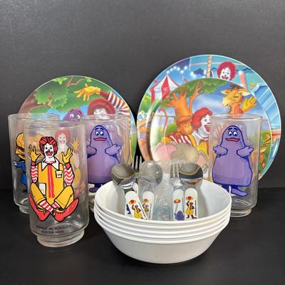 LOT 91: McDonalds Plates & Bowls, Ronald, Big Mac & Grimace Glasses, 1993 Child's Ronald McDonald Spoon & Grimace Fork Set