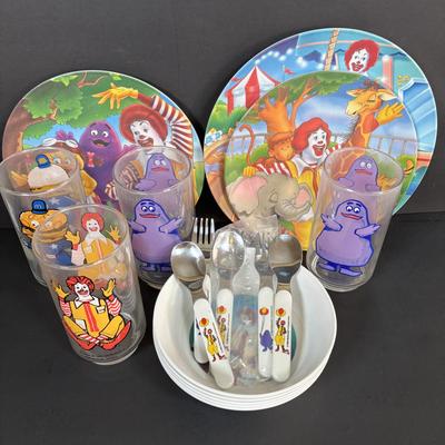 LOT 91: McDonalds Plates & Bowls, Ronald, Big Mac & Grimace Glasses, 1993 Child's Ronald McDonald Spoon & Grimace Fork Set