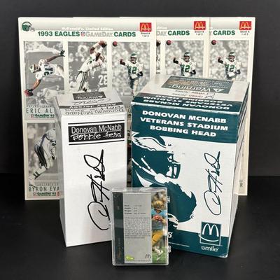 LOT 94: McDonalds 1993 Limited Edition Eagles Game Day Cards - 3 Complete Sets, Donovan McNabb Bobble Heads & More