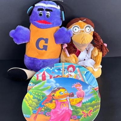 LOT 95: Vintage Grimace & Early Birdie Plush Toys along with McDonalds Plates