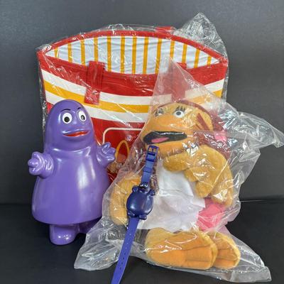 LOT 97: New in Package Vintage McDonalds French Fry Tote Bag 13" x 13", Early Birdie Plush, Grimace Ceramic Bank * &...