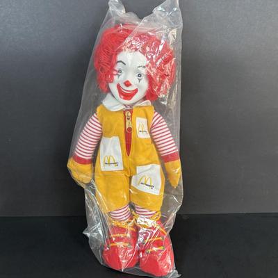 LOT 98: UNOPENED! VINTAGE Ronald McDonald & Early Birdie Plush Toys, French Fry Tote Bag along with a Ronald McDonald Digital Watch