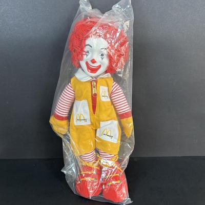 LOT 98: UNOPENED! VINTAGE Ronald McDonald & Early Birdie Plush Toys, French Fry Tote Bag along with a Ronald McDonald Digital Watch