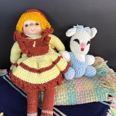 LOT 102: Collection of Hand Crocheted Dolls, Snowmen and 2-Baby Afgans