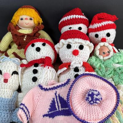 LOT 102: Collection of Hand Crocheted Dolls, Snowmen and 2-Baby Afgans