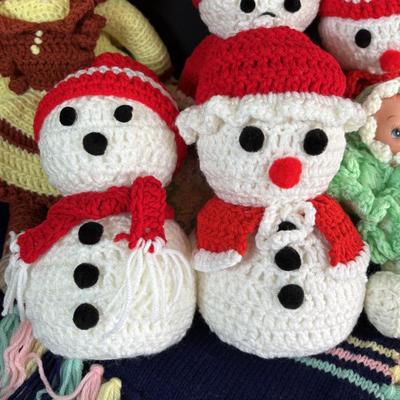 LOT 102: Collection of Hand Crocheted Dolls, Snowmen and 2-Baby Afgans