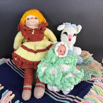LOT 102: Collection of Hand Crocheted Dolls, Snowmen and 2-Baby Afgans
