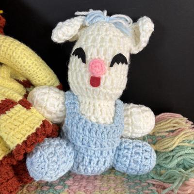 LOT 102: Collection of Hand Crocheted Dolls, Snowmen and 2-Baby Afgans