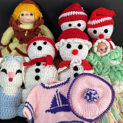 LOT 102: Collection of Hand Crocheted Dolls, Snowmen and 2-Baby Afgans