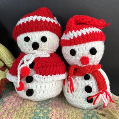 LOT 102: Collection of Hand Crocheted Dolls, Snowmen and 2-Baby Afgans