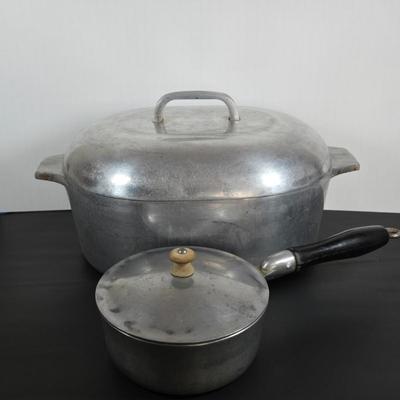 LOT 110: Vintage Magnalite Aluminum Classic Oval Roaster & Vintage Aluminum Saucepan w/Lid