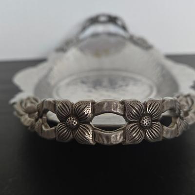 LOT 111: Oversized Centerpiece Champagne Glasses, Silver Trays, Zens Glass Canister Set, Hand Wrought Creations by Rodney Kent Trays...