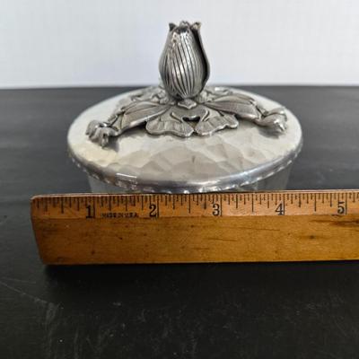 LOT 111: Oversized Centerpiece Champagne Glasses, Silver Trays, Zens Glass Canister Set, Hand Wrought Creations by Rodney Kent Trays...