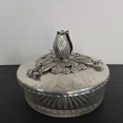 LOT 111: Oversized Centerpiece Champagne Glasses, Silver Trays, Zens Glass Canister Set, Hand Wrought Creations by Rodney Kent Trays...