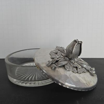 LOT 111: Oversized Centerpiece Champagne Glasses, Silver Trays, Zens Glass Canister Set, Hand Wrought Creations by Rodney Kent Trays...