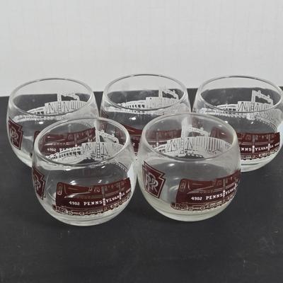 LOT 112: Crystal Wine Decanter, Vintage 1950s Pennsylvania Railroad GG1 Roly Poly Glasses, Schmitt Sohne Liqueur Glasses, Lo Ball...