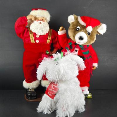 LOT 131: Jingle Bell Rock Santa ,Roller Skating Santa Bear (Untested), and Musical Puppy (Tested and Works) ; Please Note Broken Bell on...