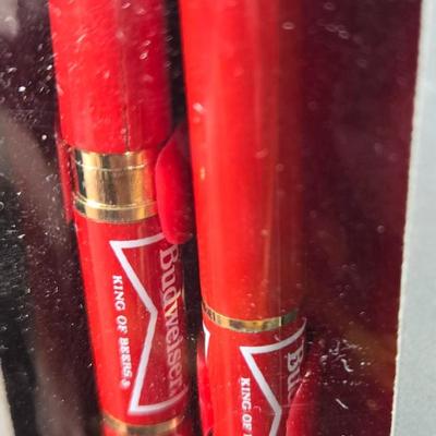 LOT 133: Handcrafted "BUDWEISER" Sailboat, BUDWEISER Pens, MR. PEANUT Bendable Figure, MR. PEANUT Pen, & Vintage Metal...
