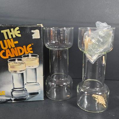 LOT 134: Nine Piece SILVER MIST GLASSES and CADDY SET and THE UN-CANDLE SET; Both Complete