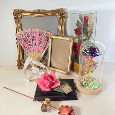 LOT 169: A Rose is a Rose is a Rose Collection - Capodimonte Italy, Purple Lighted in Dome, Japan Fan, Music Box, Frames and More