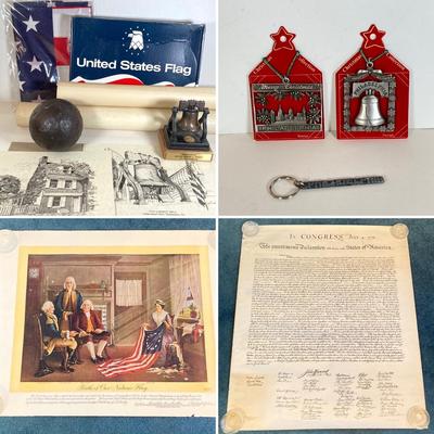LOT 170: Patriotic Collection - USA Flags, Cannon Ball, Miniature Liberty Bell, Signed Prints (Joseph L Voelker), Declaration of...