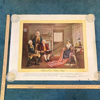 LOT 170: Patriotic Collection - USA Flags, Cannon Ball, Miniature Liberty Bell, Signed Prints (Joseph L Voelker), Declaration of...