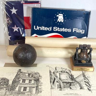 LOT 170: Patriotic Collection - USA Flags, Cannon Ball, Miniature Liberty Bell, Signed Prints (Joseph L Voelker), Declaration of...