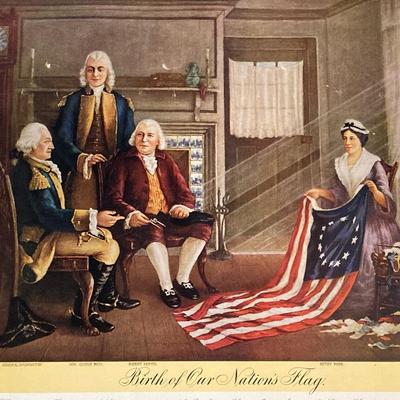 LOT 170: Patriotic Collection - USA Flags, Cannon Ball, Miniature Liberty Bell, Signed Prints (Joseph L Voelker), Declaration of...