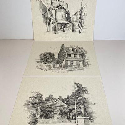 LOT 170: Patriotic Collection - USA Flags, Cannon Ball, Miniature Liberty Bell, Signed Prints (Joseph L Voelker), Declaration of...