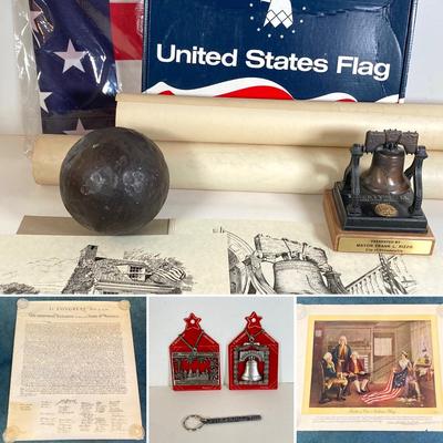 LOT 170: Patriotic Collection - USA Flags, Cannon Ball, Miniature Liberty Bell, Signed Prints (Joseph L Voelker), Declaration of...