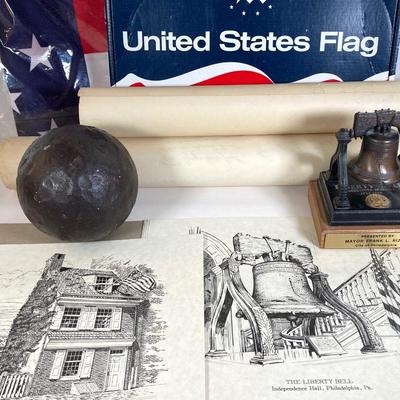 LOT 170: Patriotic Collection - USA Flags, Cannon Ball, Miniature Liberty Bell, Signed Prints (Joseph L Voelker), Declaration of...