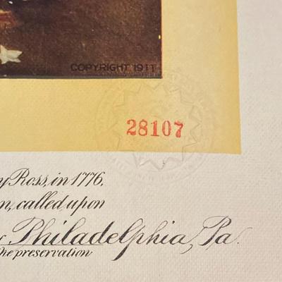 LOT 170: Patriotic Collection - USA Flags, Cannon Ball, Miniature Liberty Bell, Signed Prints (Joseph L Voelker), Declaration of...