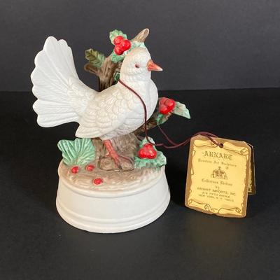 LOT 177: Fenton Hob Nail Ruffled Top Milk Glass Pedestal Compote, Arnart Porcelain Musical Dove Sculpture, Hallmark Serving Dishes and More