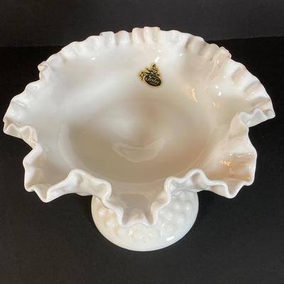 LOT 177: Fenton Hob Nail Ruffled Top Milk Glass Pedestal Compote, Arnart Porcelain Musical Dove Sculpture, Hallmark Serving Dishes and More