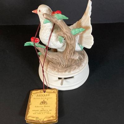 LOT 177: Fenton Hob Nail Ruffled Top Milk Glass Pedestal Compote, Arnart Porcelain Musical Dove Sculpture, Hallmark Serving Dishes and More