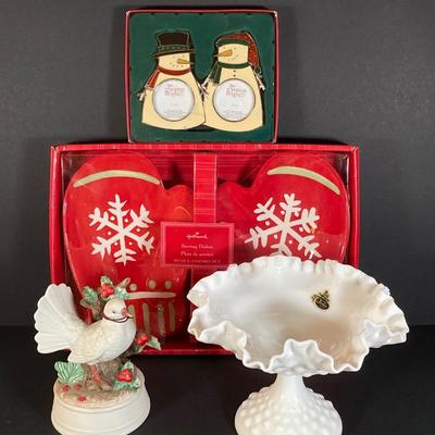 LOT 177: Fenton Hob Nail Ruffled Top Milk Glass Pedestal Compote, Arnart Porcelain Musical Dove Sculpture, Hallmark Serving Dishes and More