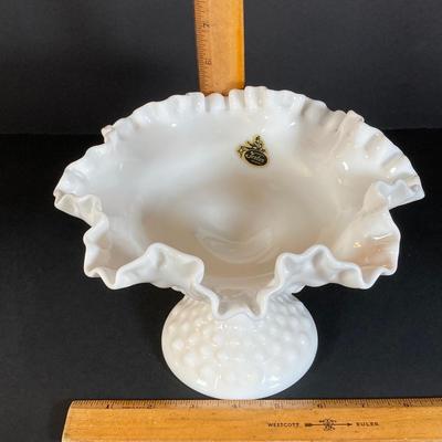 LOT 177: Fenton Hob Nail Ruffled Top Milk Glass Pedestal Compote, Arnart Porcelain Musical Dove Sculpture, Hallmark Serving Dishes and More