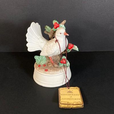 LOT 177: Fenton Hob Nail Ruffled Top Milk Glass Pedestal Compote, Arnart Porcelain Musical Dove Sculpture, Hallmark Serving Dishes and More