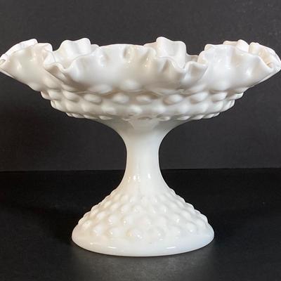 LOT 177: Fenton Hob Nail Ruffled Top Milk Glass Pedestal Compote, Arnart Porcelain Musical Dove Sculpture, Hallmark Serving Dishes and More