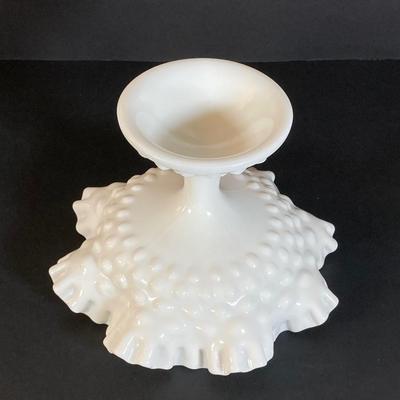 LOT 177: Fenton Hob Nail Ruffled Top Milk Glass Pedestal Compote, Arnart Porcelain Musical Dove Sculpture, Hallmark Serving Dishes and More