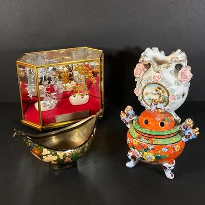 LOT 178: Beautiful Asian Decorative Collection - Sphinx, Silver / Gold Tone Trees in Mirrored Glass Box and More