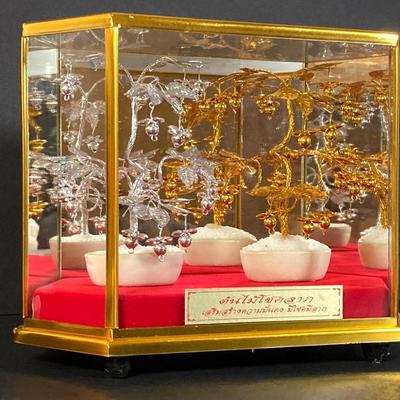 LOT 178: Beautiful Asian Decorative Collection - Sphinx, Silver / Gold Tone Trees in Mirrored Glass Box and More