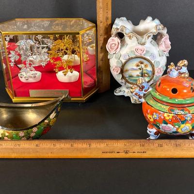 LOT 178: Beautiful Asian Decorative Collection - Sphinx, Silver / Gold Tone Trees in Mirrored Glass Box and More