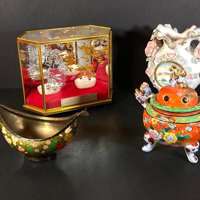 LOT 178: Beautiful Asian Decorative Collection - Sphinx, Silver / Gold Tone Trees in Mirrored Glass Box and More