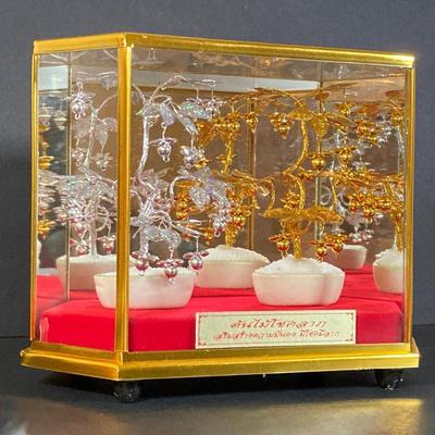 LOT 178: Beautiful Asian Decorative Collection - Sphinx, Silver / Gold Tone Trees in Mirrored Glass Box and More