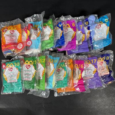 LOT 194: McDonalds NIP Happy Meal Toys: Ty Teenie Beanies Complete Set 1-18, Sega Sonic 1-6 Complete, Space Jam Nerdlucks
