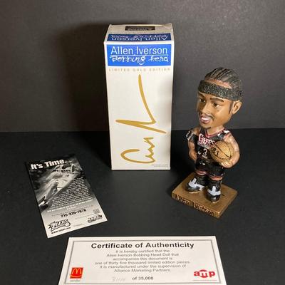 LOT 198: Philadelphia 76ers' / McDonald's Allen Iverson Bobble Heads (Three) - Limited Edition Gold Edition Numbered with...