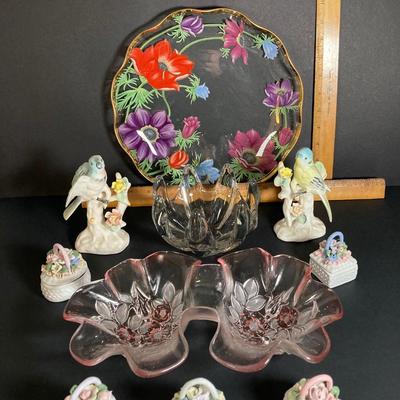 LOT 201: Lefton Floral Serving Plate, Vintage Blue Bird / Parakeet Bird Figurines, Art Vannes France Bowl, Rosella Pink Double Bowl and...